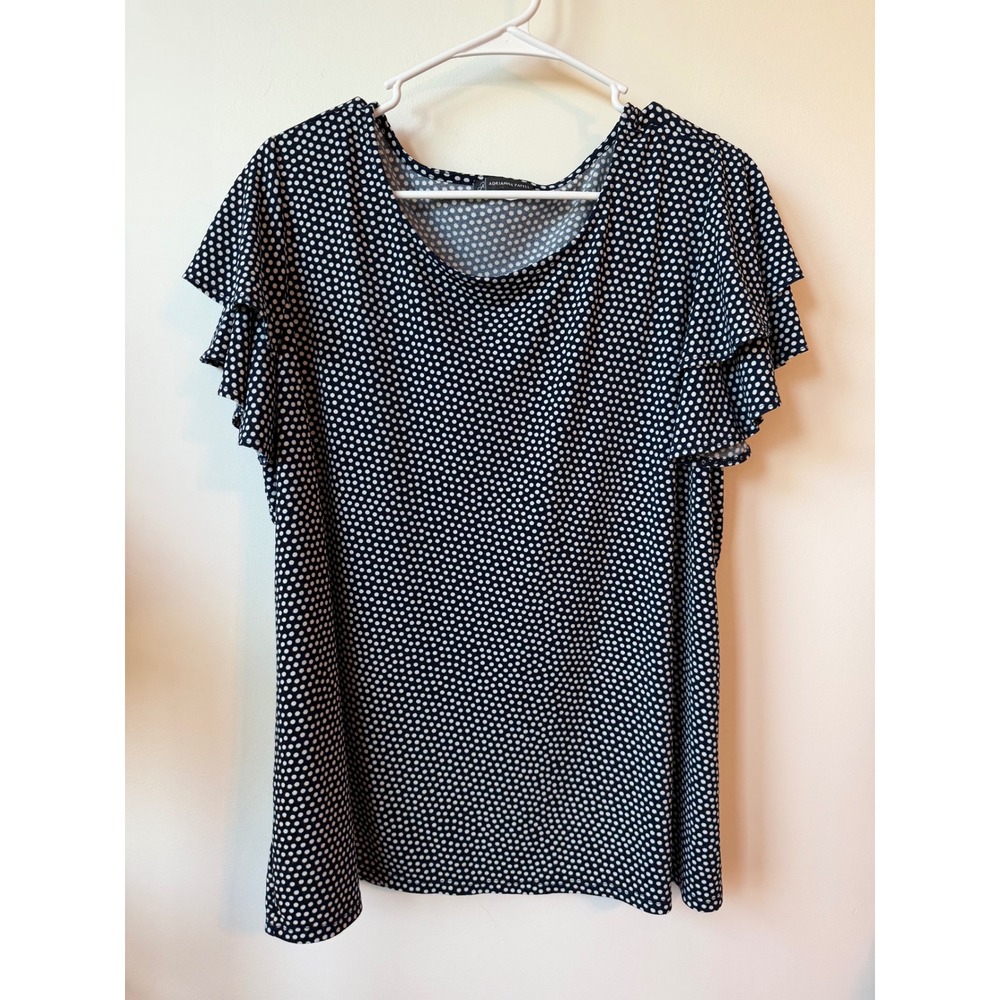 Adrianna Papell Navy Blue White Polka Dot Flutter Sleeve Blouse Top 0437